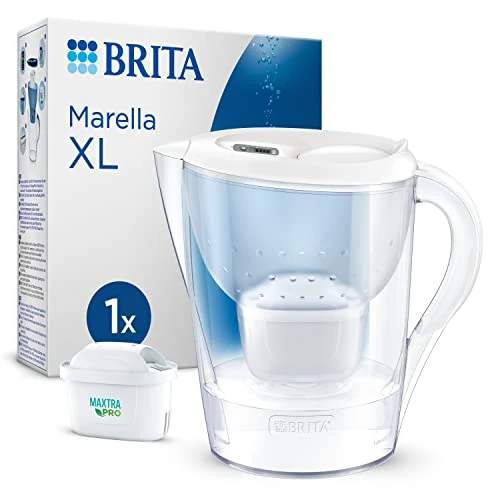 BRITA Jarra con Filtro de Agua Marella XL Blanca (3,5 l) Incl. 1x Cartucho MAXTRA PRO All-in-1 - jarra adaptable al frigorífico con LTI digital y tapa abatible que reduce cloro, cal e impurezas.