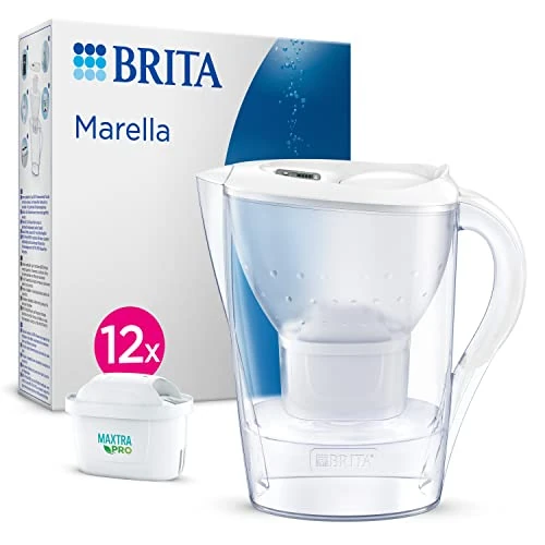 BRITA Jarra con Filtro de Agua Marella Blanca (2,4 l) Incl. 12x Cartucho MAXTRA PRO All-in-1 - jarra adaptable al frigorífico con LTI digital y tapa abatible que reduce cloro, cal e impurezas.