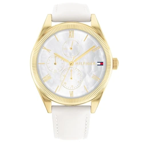 Tommy Hilfiger Analogowy Zegarek Kwarcowy Wielofunkcyjny dla Kobiet z Białym Skórzanym Paskiem, 1782594