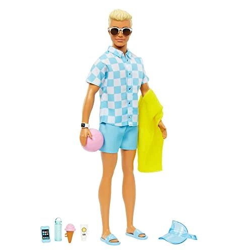 Offre limitée : Barbie Plage Poupée Ken Blonde avec Chemise Bleue Et Short De Bain, Casquette Visière, Serviette Et Accessoires pour La Plage, Jouet Enfant, Dès 3 Ans, HPL74 de 17.97 EUR à 15.99 EUR (remise 11%)