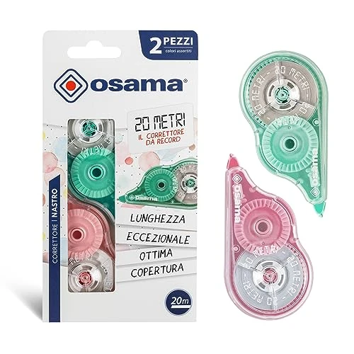 Osama - Correcteur Blanc à Ruban, 20 M, Kit 2 Pièces, Idéal comme Accessoire Bureau, Papeterie et Fourniture Scolaire - Effaceur pour Écrire sans Erreur avec Couverture Optimale Blanche, Longue Durée