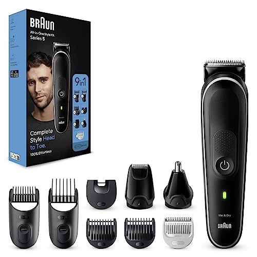 Braun All-in-One Style Kit Series 5 MGK5410, 9-in-1 Everyday Grooming Kit for Men, for Beard Trimming, Hair Clipping, Ear, Nose & More, with Ultra-Sharp Blade, Pouch, Waterproof