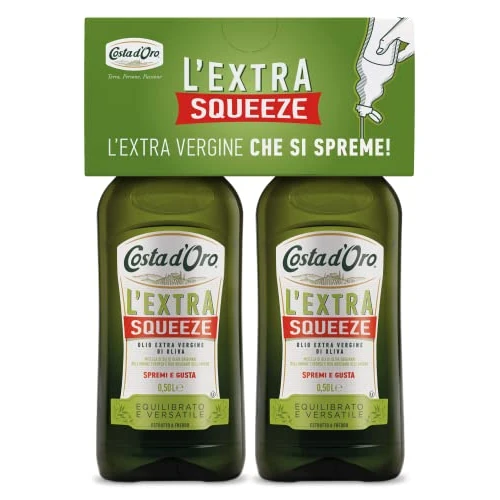 Costa d'Oro - Extra Squeeze Bipack 2 x 500ml. Olio Extravergine di oliva estratto a freddo con tappo salva goccia. Adatto a tutte le ricette. Bottiglie da mezzo litro.