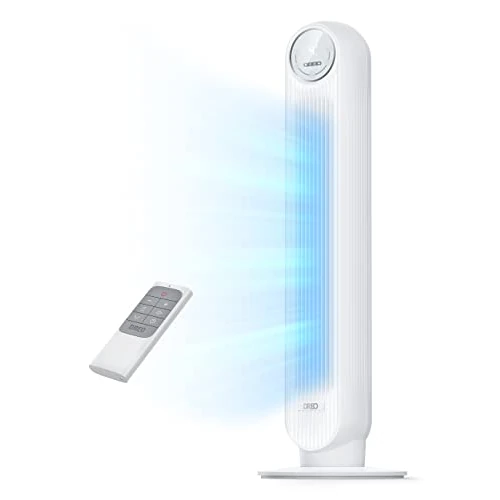 Dreo 20dB ventilador de pie silencioso, ventiladores de torre con velocidad de 7,6 m/s, 4 velocidades, rotación de 90°, temporizador de 8 horas, pantalla LED y mando a distancia incluido.blanco