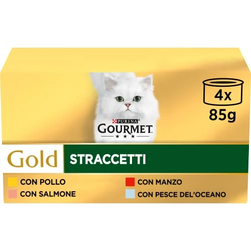 Gourmet Purina Gold natvoer voor katten met rundvlees, kip, oceaanvis en zalm, 4 zakken van 85 g