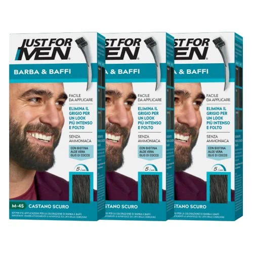 Offerta a tempo: Just For Men Barba & Baffi, Tinta Per Barba Uomo, Tintura Senza Ammoniaca, Elimina I Peli Grigi, Con Pettine Applicatore, Colore Castano Scuro, M45 (3 Pack) - 24% da 24.18 € a 18.40 €