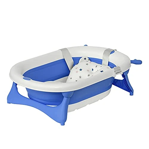 Offerta a tempo: HOMCOM Vaschetta Bagnetto Pieghevole per Bambini 0-3 Anni con Indicatore di Temperatura e Cuscino, 81.5x50.5x23.5 cm, Blu - 43% da 39.95 € a 22.90 €