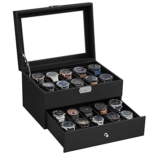 Tijdelijke aanbieding: SONGMICS Horlogedoos, horlogekast met glazen deksel, 2-laags horlogevitrine, afsluitbaar, 1 lade, voor ringen, armbanden, cadeau-idee, zwart synthetisch leer, zwarte voering JWB020B01 van 43.99 € naar 43.99 € (0.00% korting)