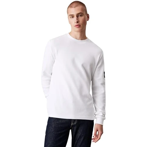 Calvin Klein Jeans Męska koszulka z długim rękawem odznaka wafel LS Basic, biały, XS