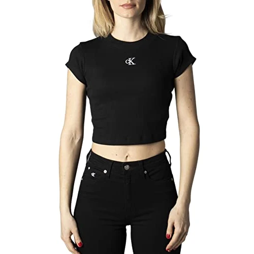 Oferta limitada: Calvin Klein Camiseta de Manga Corta Mujer CK Rib Baby tee Cropped, Negro (CK Black), XXS de 39.90 EUR a 20.52 EUR (ahorro 49%)