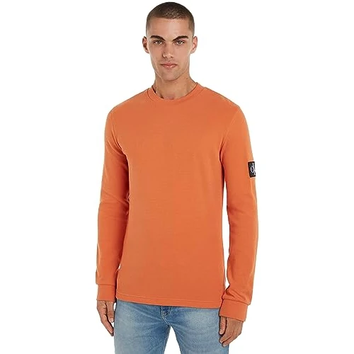 Calvin Klein Jeans Badge Waffle LS TEE L/S Knit Tops Men's, Orange (Burnt Clay), XXS