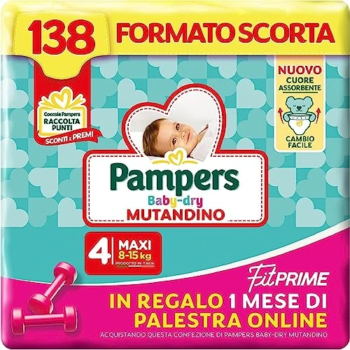 Pampers Bebé Dry Braga & Fit Prime Maxi, Tamaño de la escolta, 138 Pañales, Talla 4 (8-15 Kg), 1 mes de gimnasio en línea de regalo