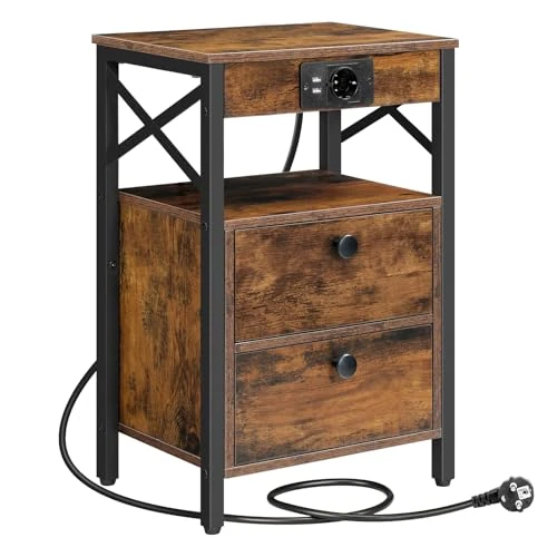 HOOBRO Bedside Table, Coffee Table with Two Drawers, Sofa Table with Charging Station, Multi-Layer Storage Space for Living Room, Bedroom, Stable and Sturdy, Rustic Brown, Black EBF138CBZ01