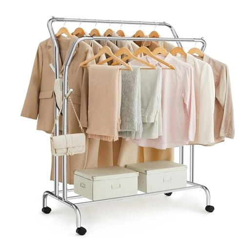 Oferta limitowana: SONGMICS Wieszak na ubrania z kółkami, podwójny drążek, stalowy wieszak na ubrania, obciążenie 100 kg, szerokość 103,5 cm, uniwersalne przechowywanie, srebrny HSR107E01 z 112.99 zł na 112.99 zł (oszczędź 0.00%)