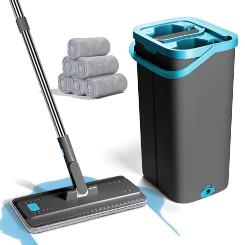Masthome Mop and Bucket Wringer, Flat Microfibre Mop with Stainless Steel Handle and 6 Reusable Mops, for All Types of Floors – Grey