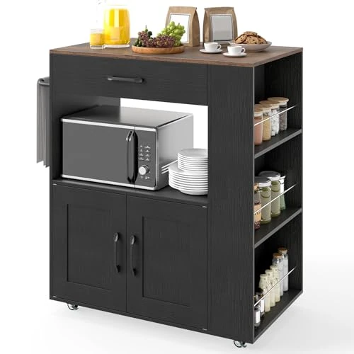 COSTWAY Carrito de cocina con ruedas, isla de cocina con 3 especieros 1 cajón armario de 2 puertas, carrito portaobjetos con toallero, 82 x 50 x 92 cm (negro)