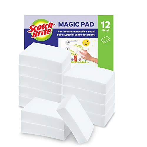 Scotch-Brite Magic Easy Eraser Spons, melamine reiniger, voordeelverpakking van 12 pads, verwijdert vlekken van muren, schoenen, gootstenen en meer zonder chemicaliën, wit