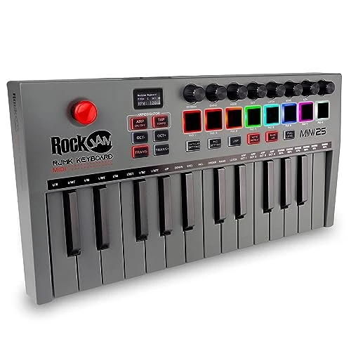 RockJam Go 25 klawiszy USB i Bluetooth MIDI Keyboard Controller z 8 podświetlanymi podkładkami perkusyjnymi, 8 przyciskami