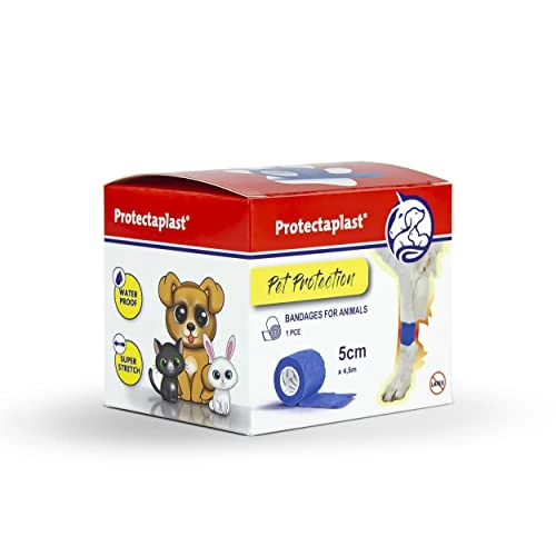 Offerta a tempo: Protectaplast Benda autoadesiva Blu per Animali Domestici (5cm x 4,5m) - Bendaggio coesivo Senza Lattice e Colla per Cani, Gatti, Cavalli - Benda per ferite e articolazioni di Cani e Gatti - 50% da 8.95 € a 4.48 €