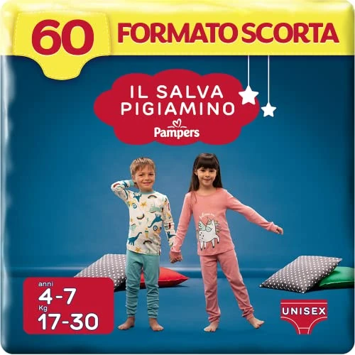 Offerta a tempo: Pampers Il Salva Pigiamino 4-7 anni, Taglia S/M (17-30 kg), Enuresi Notturna, Dispositivo Medico, Mutandina, 60 Pannolini Bambino - 31% da 41.40 € a 28.44 €