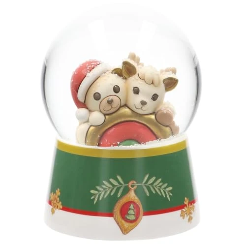 THUN, Boule de Neige Teddy and Reindeer Robin with Rainbow in Resin, Ceramic and Glass, Large Version, Christmas Wish Line, 10 cm