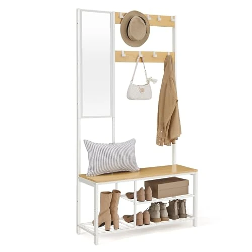 VASAGLE HSR050W09 Coat Rack with Hooks, Clothes Rack with Mirror, Shoe Bench and Shelves, 36 x 98 x 185 cm, for Hallway, Bedroom, Living Room, Oak White