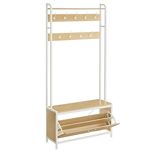 Offre limitée : VASAGLE Meuble d’Entrée avec Banc, 9 Crochets et Étagère, Porte-Manteaux, Vestiaire, pour Couloir, Chambre, Style Moderne, Couleur Chêne et Blanc HSR405W09 de 89.99 EUR à 68.49 EUR (remise 24%)