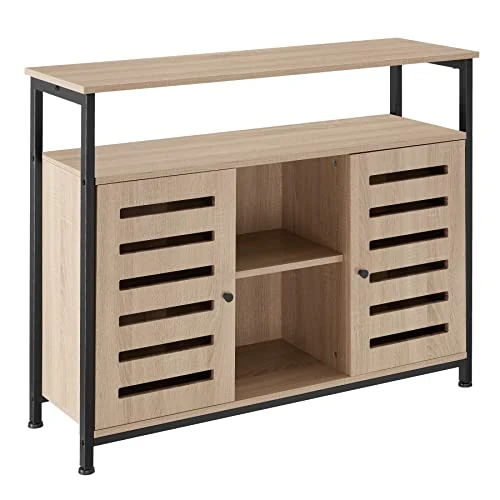 tectake® Dressoir Wandkast met 2 Deuren en Open Planken - 100 x 37 x 82 cm - Houten Keukenkast - Industrieel Design - bijzettafel met Plank - Zwart Metalen Frame (lichtbruin)