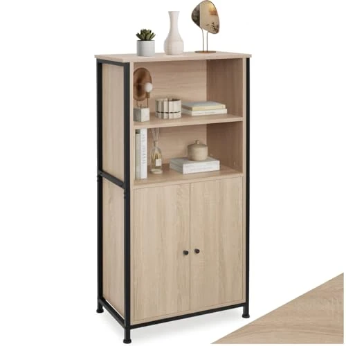 TecTake 801122 Bibliothèque avec armoire Doncaster 60 x 38 x 125 cm, meuble auxiliaire de style industriel, idéal pour bureau, rangement vestibule (bois industriel clair, chêne Sonoma)