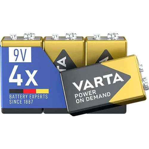 VARTA Batterie Blocchi da 9V, confezione da 4, pile Power on Demand, Alcaline, pacco di stoccaggio, flessibili, potenti, per rilevatori di fumo, allarmi antincendio [Esclusivo su Amazon]