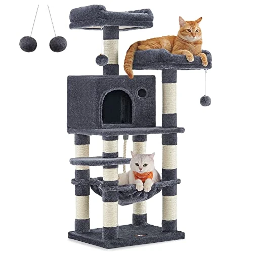 Offerta a tempo: Feandrea Albero per Gatti Alto 112 cm, Tiragraffi per Gatti, con 11 Pali Graffiatoi, 2 Posatoi, 1 Grotta, 1 Amaca, 2 Pompon, in Peluche a Più Livelli, Grigio Fumo PCT215G01 - 22% da 61.99 € a 48.59 €