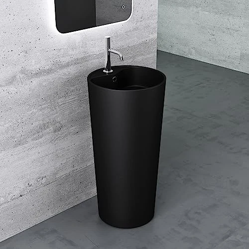 Mai & Mai Lavandino a Colonna 45x45x90cm, Lavabo Freestanding per Bagni in Minerale Fuso con Foro di Trabocco, Nero Rotondo Colossum35