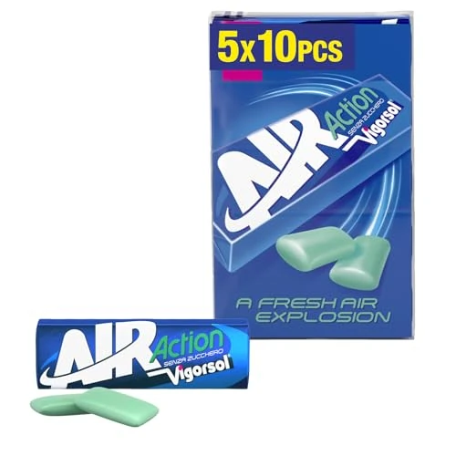 Offerta a tempo: Vigorsol Air Action, Chewing Gum, Gusto Menta, Senza Zucchero, Senza Glutine, Confezione da 5 Astucci ciascuno da 10 Gomme da Masticare, da portare Sempre con Te per una Freschezza Immediata - 0.00% da 2.69 € a 2.69 €