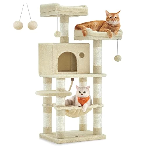FEANDREA Cat Tree, Stable Cat Tower, 2 Plush Perches, 112cm, Beige PCT215M01
