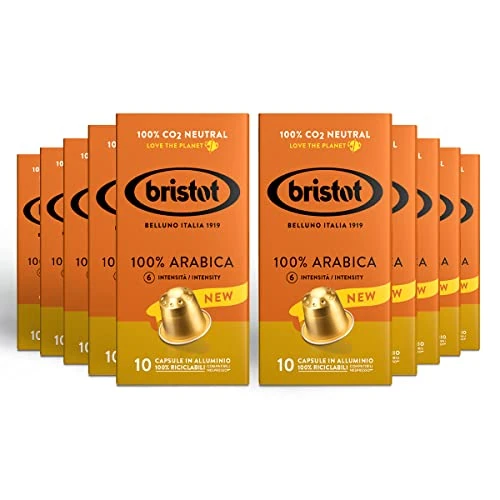 Limitiertes Angebot: Bristot, 100% Kaffee Arabica – 100 Kapseln kompatibel mit Nespresso – Kaffeemischung aus Mittelamerika und Brasilien, Schokolade und Trockenfrüchtenoten – 10 Packungen pro 10 Aluminium-Kapseln von 25.14 EUR auf 25.14 EUR (Spare 0%)
