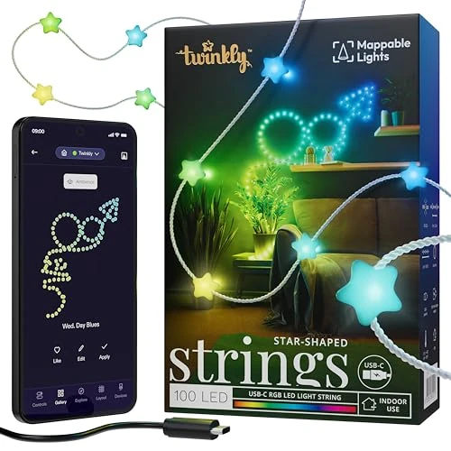 Twinkly Strings USB-C Star 100 LED, Guirlande LEDs en Forme d'Étoile, Fil Lumineux LED Multicolore RGB, Lumières Saint-Valentin, Compatible avec Alexa, Google Home, USB C, Fil Transparent, 6m
