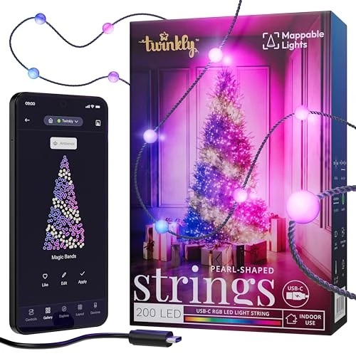 Offerta a tempo: Twinkly Strings USB-C Pearls 200 LED, Striscia Luci LED a Forma di Perla, Luci LED Multicolore RGB, Luci San Valentino, Compatibile con Alexa, Google Home, Luci Mappabili, USB C, Filo Verde, 12m - 50% da 69.99 € a 34.99 €