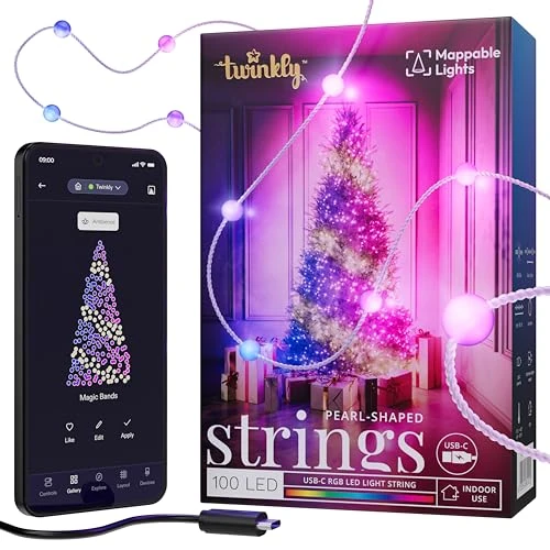Offerta a tempo: Twinkly Strings USB-C Pearls 100 LED, Striscia Luci LED a Forma di Perla, Luci LED Multicolore RGB, Luci San Valentino, Compatibile con Alexa, Google Home, Luci Mappabili, USB C, Filo Trasparente, 6m - 11% da 49.99 € a 44.55 €
