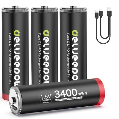 Offre limitée : Delyeepow Pile Rechargeable AA 1,5V Lithium 3400mWh de Haute capacité,Pile AA Rechargeable USB C 4 Piles 1500 Cycle de 16.99 € à 16.99 € (0.00% de remise)