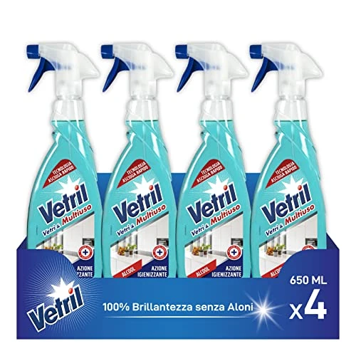 Vetril - Spray desinfectante de cristales y superficies, contra bacterias y malos olores, brillo sin halos, 650 ml x 4