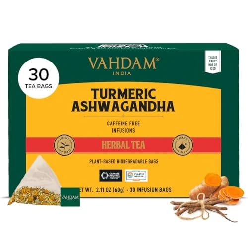 VAHDAM, Turmeric Ashwagandha Tisana (30 Piramidales Bolsitas De Té) Libre De Cafeína | Cúrcuma Y Especias Frescas, 100% Pura Y Natural | Caliente, Frío O Como Kombucha