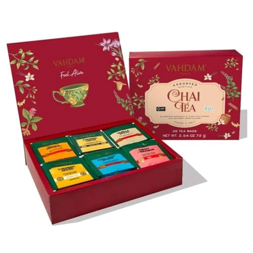 Offerta a tempo: VAHDAM, Confezione Regalo Assortita di Tè Chai (6 Gusti, 36 Bustine) - Senza Caffeina, Senza Glutine, Senza OGM - Scatola per Infusi di con Indiani Masala Chai | Regalo Di Tè Di — 20% da 19,28 € a 15,52 €