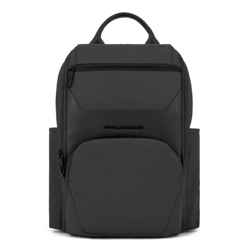 PIQUADRO, Plecak komputerowy i iPad® z tkaniny recycled z paskiem sternum, przewodem zapobiegającym uszkodzeniom, kieszeń na butelkę i RFID chroniącą przed oszustwami, CZARNY, czarne, M, 0