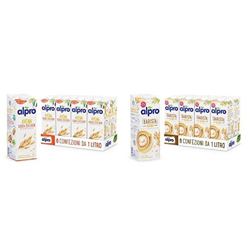 ALPRO SENZA ZUCCHERI, Bevanda all'AVENA, 100% vegetale con vitamine B2, B12 e D (8 confezioni x 1 Litro) & BARISTA, bevanda all'AVENA, 100% vegetali, ideale con il caffè (8 confezioni x 1 Litro)