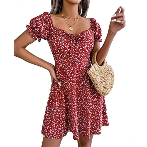Zeitlich begrenztes Angebot: CheChury Damen Kleid Blumenmuster Freizeitkleider Damen Sommer Kleid V-Ausschnitt Freizeit Kleid Casual Kurzarm Kleid Kurz Wickelkleid Elegant Sommerkleid Rüschen Strandkleider Party Kleid,Rot,L von 26.99 € auf 26.99 € (0.00% 
