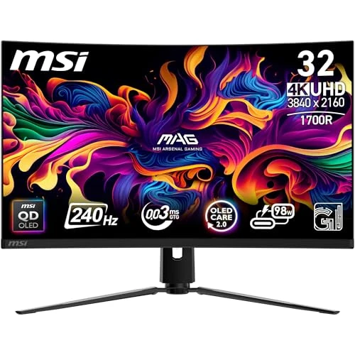 Offerta a tempo: msi MPG 321CURX QD-OLED Monitor Curvo Gaming da 32" UHD - 1700R, Pannello Quantum DOT OLED 3840 x 2160, 240Hz / 0,03ms, 99% DCI-P3, ΔE≤2, DisplayHDR True Black 400, DP 1.4a, HDMI 2.1, USB Type-C - 0.00% da 799.00 € a 799.00 €