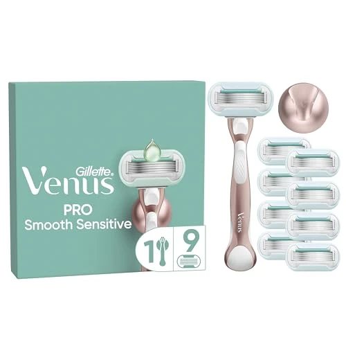 Gillette Venus Deluxe damska smooth sensitive, 1 uchwyt i 9 lampek damskich z 5 ostrzami, szybkie golenie, skuteczne i głębokie golenie, poduszka do skóry, pomysł na prezent