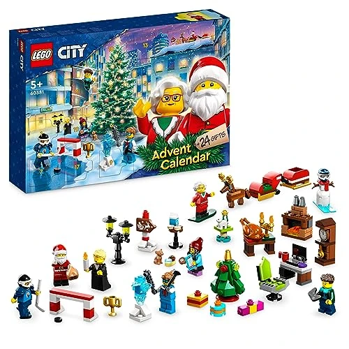 LEGO 60381 City Calendrier de l'Avent 2023, avec 24 Cadeaux Dont Figurines du Père Noël et du Renne, Tapis de Jeu du Pays des Merveilles, Cadeau de Noël pour Enfants, Garçons, Filles