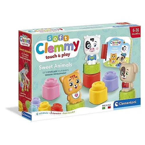 Clementoni Soft Clemmy - Sweet Animals, Play Set Bambini 6-36 Mesi, con 6 Mattoncini per Costruzioni e 3 Personaggi, Gioco Prima Infanzia Made in Italy, per Stimolare i Sensi dei più Piccoli, 17849