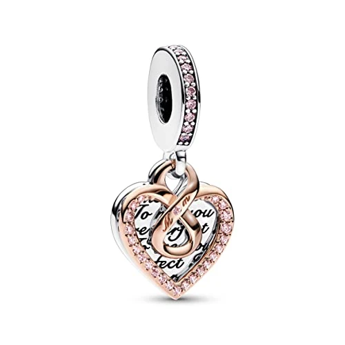 Offerta a tempo: PANDORA Pendente doppio Moments con cuore in argento Sterling e placcato in oro rosa 14 k con zirconi cubici rosa fairy tale - 53% da 59.00 € a 27.90 €